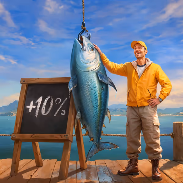 Fisherman next to a sign offering +10% bonus, highlighting Bassbet cashback rewards.