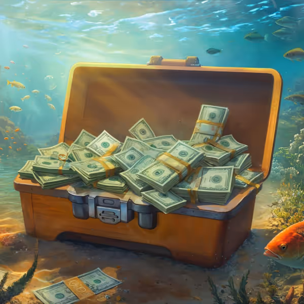 Underwater treasure chest filled with cash, symbolizing Bassbet bonuses and cashback opportunities.